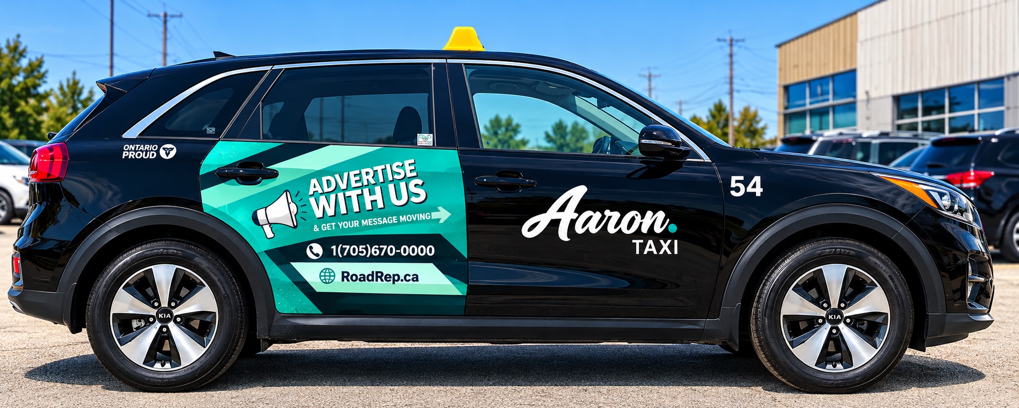 Black taxi SUV with a teal 'Advertise With Us' door wrap